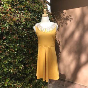 Free People Sleeveless Waffle Knit Dress in Mustard with a Crochet Collar  Sz M